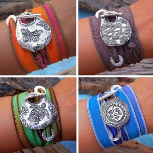 Artisan handmade sterling silver bracelets with silk by HappyGoLicky Jewelry