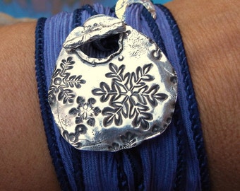 Snowflake Silk Wrap Bracelet, Snowflake Jewelry,  Snowflake Silver Jewelry, Snowflakes Art