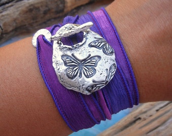 Sterling Silver Butterflies Bracelet, Wing Jewelry, Butterfly Wings Bracelet, Butterfly Wing Jewelry, Silk Wrap Bracelet