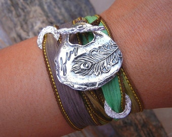 Peacock Feather Jewelry, Bohemian Jewelry, Silk Wrap Bracelet, Bohemian Style Fashion, STERLING Silver Silk Ribbon Bracelet in Green n Brown