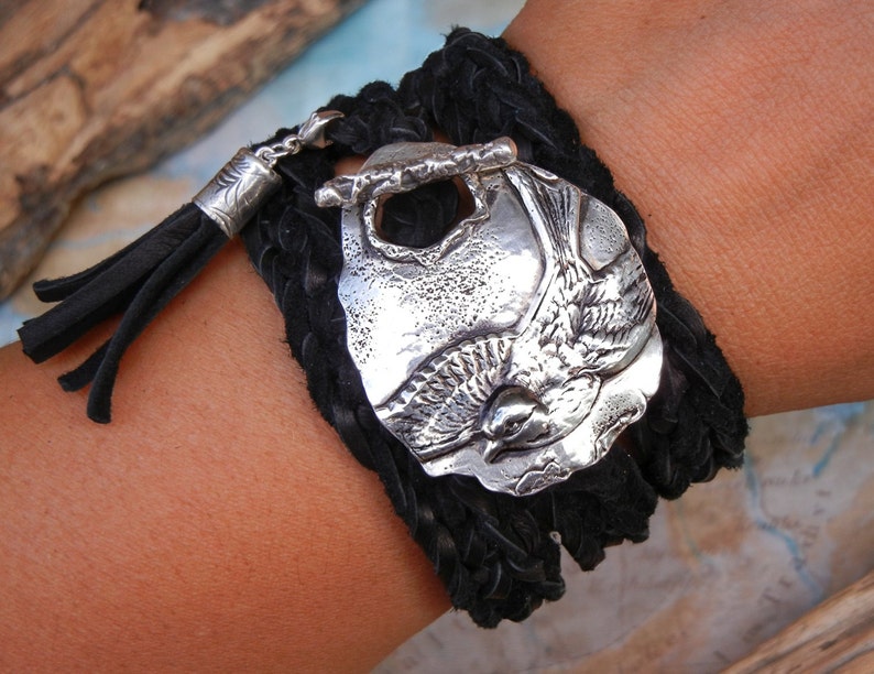 Bird Jewelry, Bird Leather Wrap Bracelet, Bird Silver Leather Wrap Bracelet, Bird Bracelet, Bird Silver Wrap Bracelet, Swallow Bird Jewelry image 2