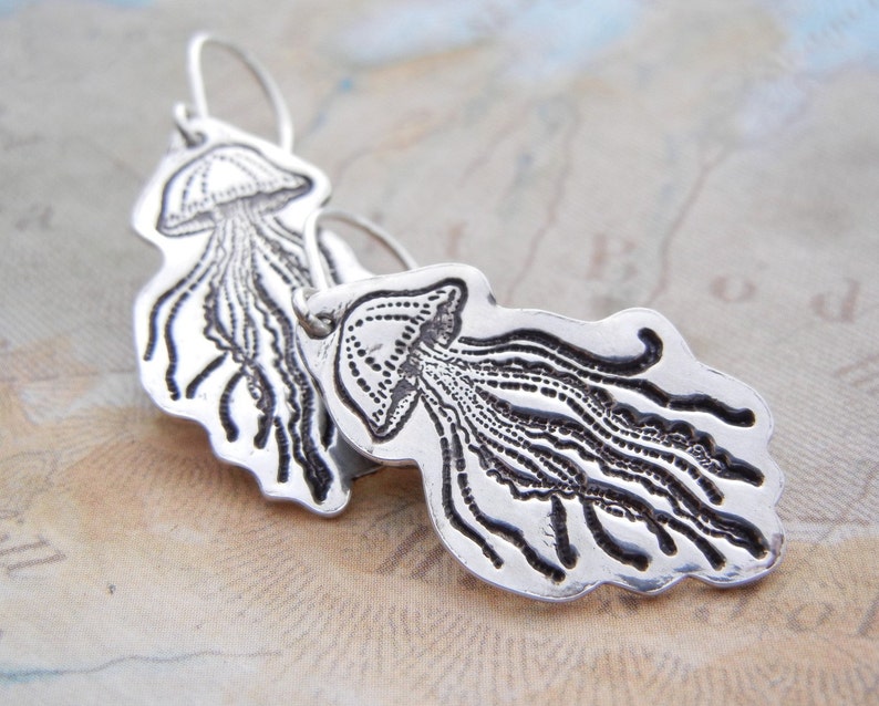 Nautical Jellyfish Jewelry, Dangle Earrings, Quirky Jellyfish Twins, in Sterling Silver image 2