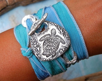 Nautical Beach Jewelry, Nautical Bracelet, Baby Sea Turtle Jewelry, Sea Turtle Bracelet, Silk Wrap Bracelet Nautical Fashion Bracelet