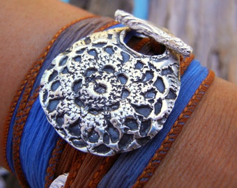 Boho Schmuck, Boho Seide Wickelarmband, Boho Mode Damen Accessoires, Damenmode Geschenk für sie, STERLING Silber Boho Schmuck