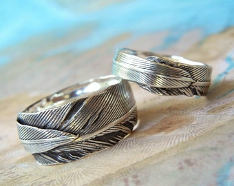 Feather Wedding Rings, Sterling Silver Rings, Sterling Silver His and Hers Matching Bands, Custom Size 4 5 6 7 8 9 10 11 12 13 14 15