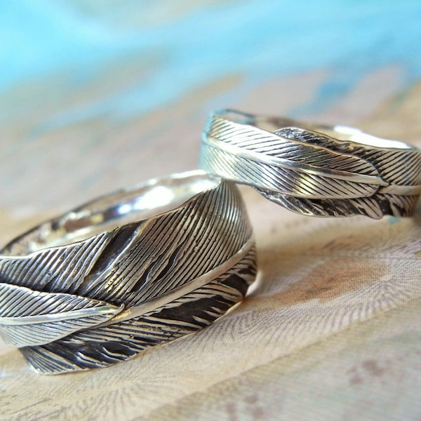 Feather Wedding Rings, Sterling Silver Rings, Sterling Silver His and Hers Matching Bands, Custom Size 4 5 6 7 8 9 10 11 12 13 14 15