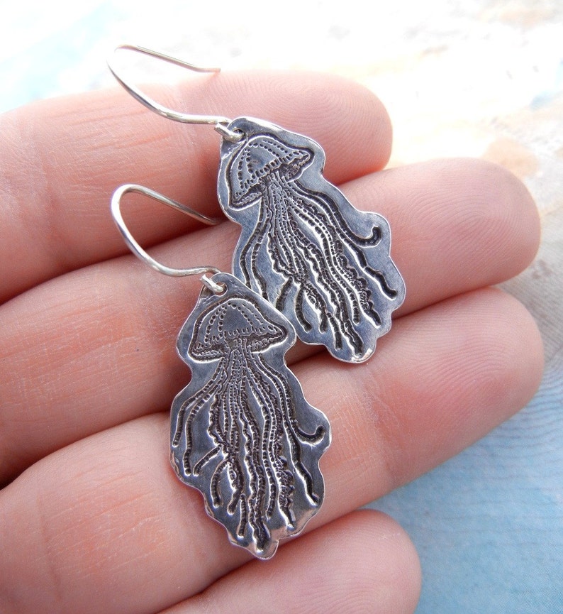 Nautical Jellyfish Jewelry, Dangle Earrings, Quirky Jellyfish Twins, in Sterling Silver image 5