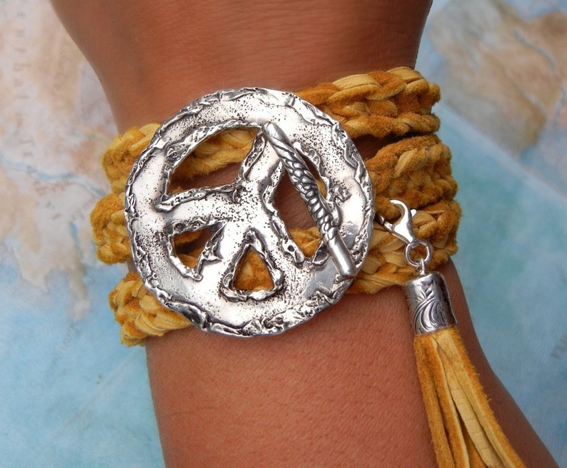 Boho Jewelry, Boho Leather Wrap Bracelet, Bohemian Chic Fashion, Sterling Silver Peace Sign Wrap Bracelet, Boho Leather Triple Wrap Bracelet image 1