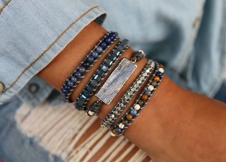 Boho Jewelry, Boho Wrap Bracelet, 5X Leather Wrap Bracelet, 5X Wrap Boho Bracelet, Blue Leather Wrap Bracelet, Kyanite Bracelet Boho Jewelry image 3