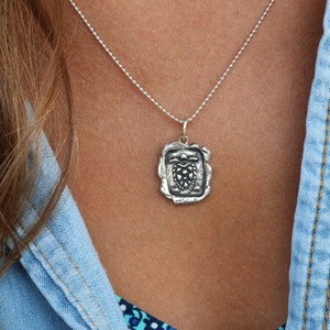 May include: A silver necklace with a detailed turtle pendant. The pendant is a textured, square shape with a raised turtle design.