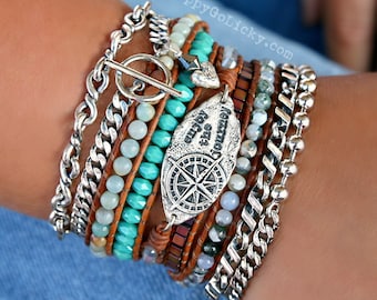 Leather Wrap Bracelet, Turquoise Jasper Amazonite Beads, Sterling Silver Compass