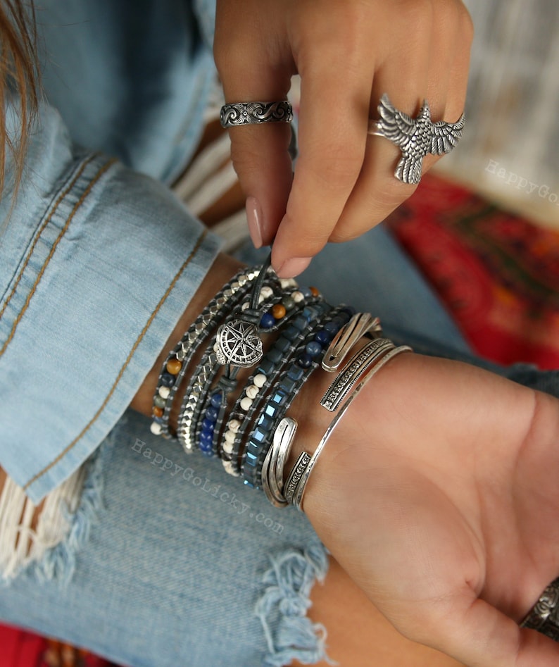 Boho Jewelry, Boho Wrap Bracelet, 5X Leather Wrap Bracelet, 5X Wrap Boho Bracelet, Blue Leather Wrap Bracelet, Kyanite Bracelet Boho Jewelry image 4