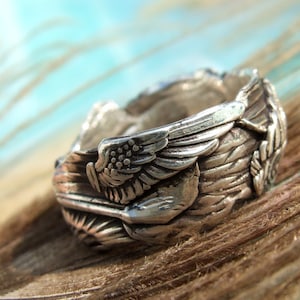 Unique Silver Jewelry, Silver Ring, Gathered Wings, Custom Size Ring in Oxidized Silver, Whole Half Sizes 4 5 6 7 8 9 10 11 12 13 14 15
