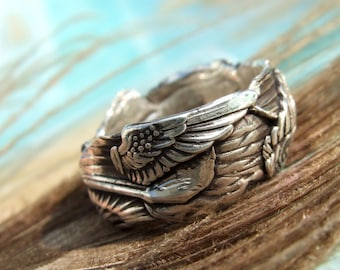 Unique Silver Jewelry, Silver Ring, Gathered Wings, Custom Size Ring in Oxidized Silver, Whole Half Sizes 4 5 6 7 8 9 10 11 12 13 14 15