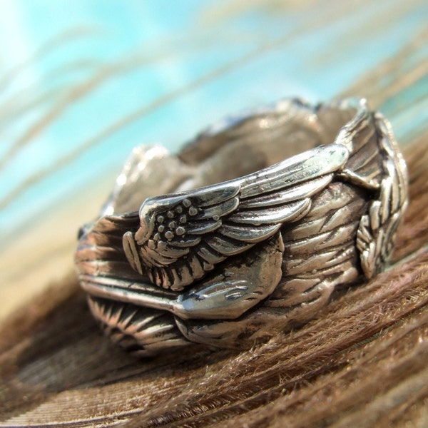 Unique Silver Jewelry, Silver Ring, Gathered Wings, Custom Size Ring in Oxidized Silver, Whole Half Sizes 4 5 6 7 8 9 10 11 12 13 14 15