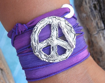Peace Sign Jewelry, Peace Sign Wrap Bracelet, STERLING Silver Jewelry, Hippie Jewelry Boho Bracelet, Boho Fashion, Peace Silk Wrap Bracelet