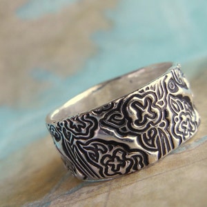 Tooled Leather Wedding Rings, Sterling Silver Jewelry, Tooled Leather Floral Design, Sterling Silver, Custom Size 4 5 6 7 8 9 10 11 12 13 14 image 1