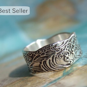 Ocean Waves Jewelry Gift for Her, Sterling Silver Ring, Ocean Waves, Sizes 4 5 6 7 8 9 10 11 12 13 14 15, Ocean Pattern Jewelry, Silver Ring