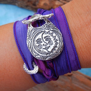 Mond Schmuck, Seiden Wickelarmband, Sonne und Mond Schmuck, STERLING SILVER Seiden Wickelarmband, Sonne und Mond Schmuck