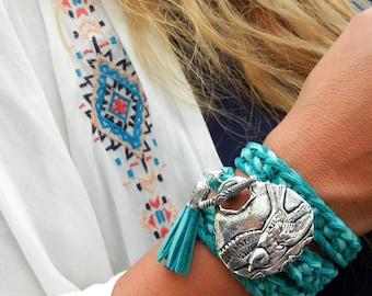 Turquoise Leather Wrap Bracelet, Turquoise Bracelet, Turquoise Wrap Bracelet, Leather Wrap Bracelet Turquoise Silver Wrap Bracelet in Silver