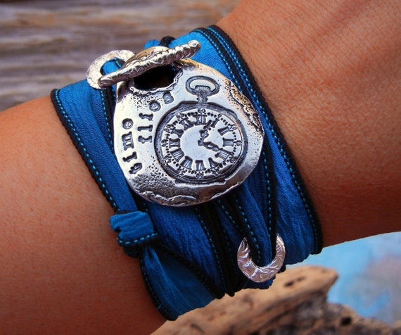 Pocket Watch Jewelry, STEAMPUNK Clock Parts Bracelet, Steampunk Time Flies Silk Wrap Bracelet, Steampunk Jewelry, Steampunk Clock Bracelet