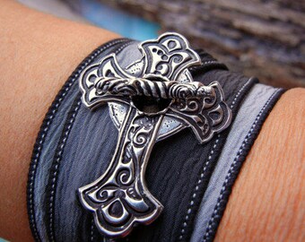 Sideways Cross Jewelry, Sideways STERLING Silver Cross Silk Wrap Bracelet, Silver Cross Jewelry, Sideways Cross, Inverted Cross Jewelry