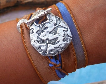 Seiden Wickelarmband, Wickelarmband, Seidenband Armband, Silber Seiden Wickelarmband, Seiden Wickelarmband Libellen, Silber Wickelarmband