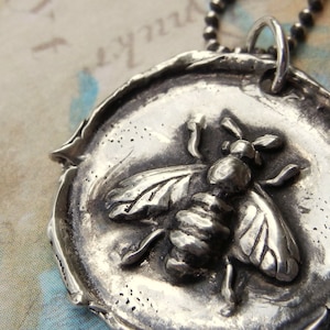 Honey Bee Jewelry, Honey Bee Wax Seal Necklace, Silver Honey Bee Wax Seal Pendant, Honey Bee Necklace, Bee Jewelry, Bee Necklace, Silver Bee