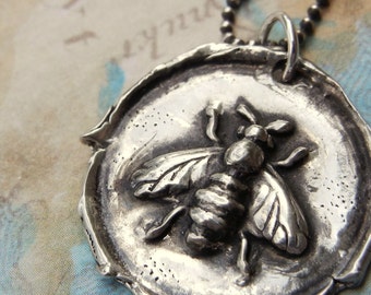 Honey Bee Jewelry, Honey Bee Wax Seal Necklace, Silver Honey Bee Wax Seal Pendant, Honey Bee Necklace, Bee Jewelry, Bee Necklace, Silver Bee