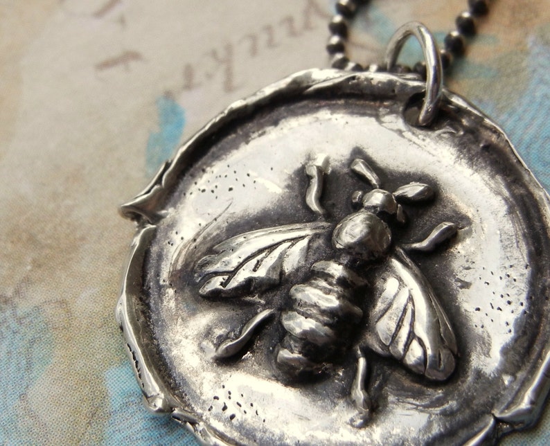 Honey Bee Jewelry, Honey Bee Wax Seal Necklace, Silver Honey Bee Wax Seal Pendant, Honey Bee Necklace, Bee Jewelry, Bee Necklace, Silver Bee image 1