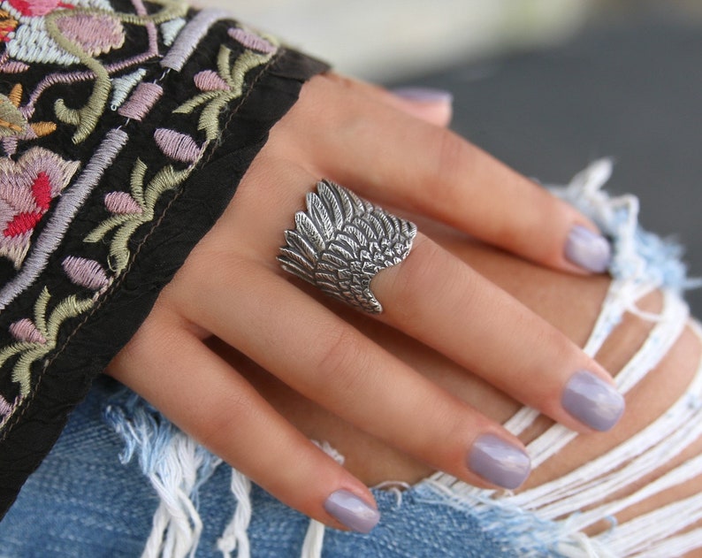 Sterling Silver Wing Ring, Silver Angel Wing Ring, Silver Feather Ring, Boho Angel Wing Jewelry, Boho Silver Angel Wing Ring Bohemian Hippie image 2