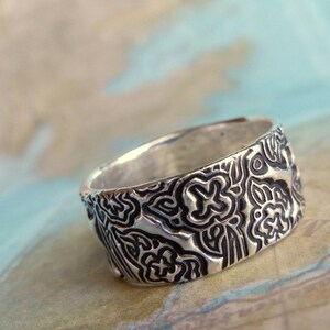 Tooled Leather Wedding Rings, Sterling Silver Jewelry, Tooled Leather Floral Design, Sterling Silver, Custom Size 4 5 6 7 8 9 10 11 12 13 14 image 4