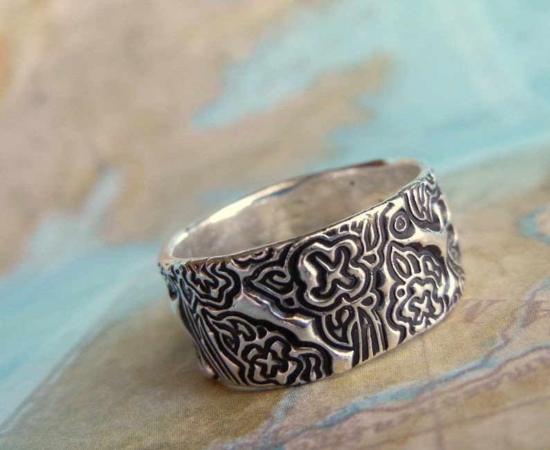 Tooled Leather Wedding Rings, Sterling Silver Jewelry, Tooled Leather Floral Design, Sterling Silver, Custom Size 4 5 6 7 8 9 10 11 12 13 14 image 4