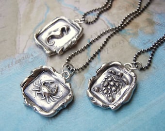 Wax Seal Jewelry, Wax Seal Stamped Jewelry, Wax Seal Stamp Necklaces, Nautical Jewelry, Silver Wax Seal Necklace Set Wax Seal Necklace Gifts