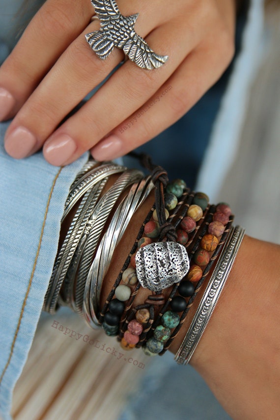 Leather Wrap Bracelet Natural Stone Wrap Bracelet Matte Stone