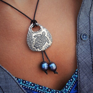 Sea Turtle Jewelry, Sea Turtle Necklace, Leather Necklace, Sterling Silver Necklace, Leather and Pearl Jewelry, Leather and Pearl Necklace