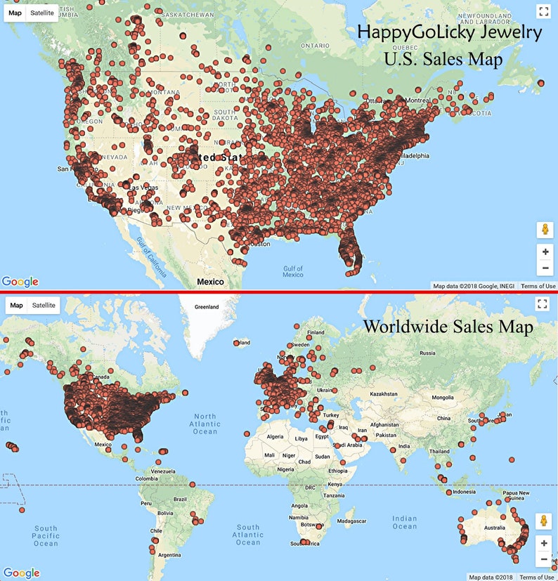 Op de afbeelding: Een kaart die de locaties van HappyGoLicky Jewelry-verkopen in de Verenigde Staten en wereldwijd laat zien. De kaart toont een hoge concentratie van verkopen in het oosten van de Verenigde Staten, met verkopen ook in Europa, Azi&euml;, Australi&euml; en Zuid-Amerika.