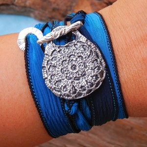 Silk Wrap Bracelet, Wrap Bracelet, Silk Ribbon Wrap Bracelet, Silver Wrap Bracelet, STERLING SILVER Silk Wrap Bracelet, Handmade Silk Wrap