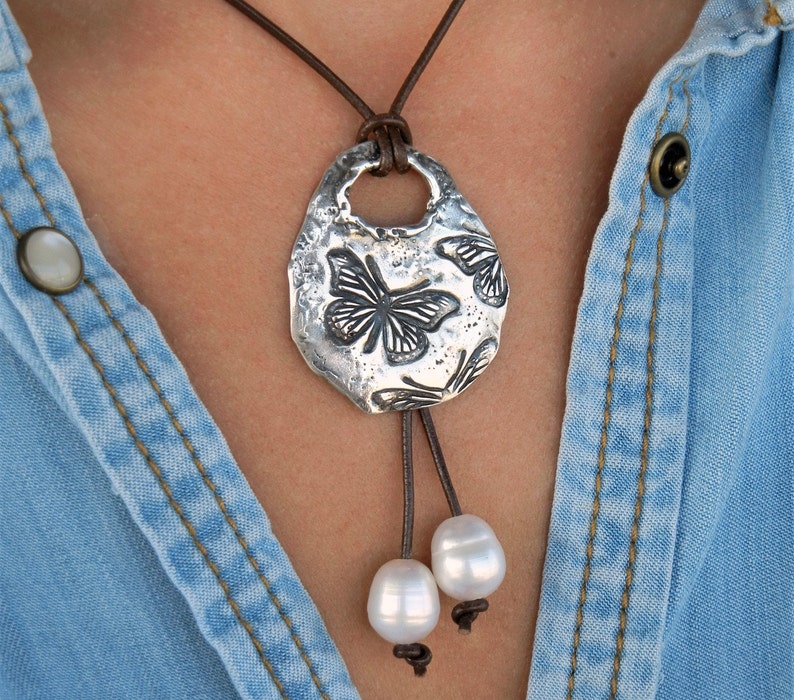 Best sterling silver leather & pearl necklace collection by HappyGoLicky Jewelry