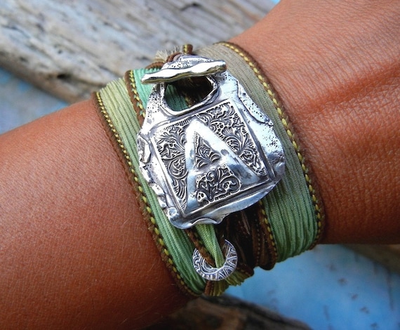 Personalized Jewelry, Monogram Bracelet, Personalized Wrap Bracelet, Silver Wrap Bracelets, Silk Wrap Bracelet, Custom Personalized Gift