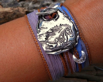 Horse Jewelry, Horse Bracelet, Equestrian Jewelry, Pony Jewelry, Pony Silk Wrap Bracelet, Horse Silk Wrap Bracelet, Silver Horse Bracelet