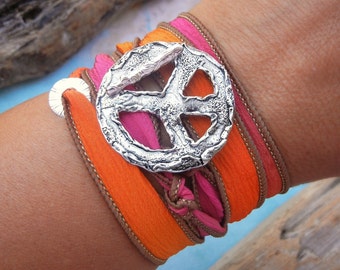 Boho Jewelry, Peace Sign Boho Wrap Bracelet, STERLING Silver Handmade Jewelry, Boho Bracelet, Boho Fashion, HappyGoLicky Silk Wrap Bracelet