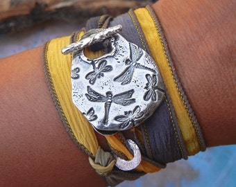 Dragonfly Jewelry Bracelet, Dragonfly Bracelet, Sterling Silver Dragonflies Silk Wrap Bracelet, Original Design by HappyGoLicky Jewelry