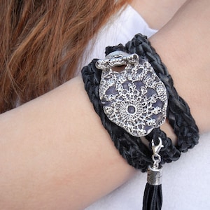 Boho Jewelry Wrap Bracelet, Bohemian Silver Jewelry, Leather TRIPLE Wrap Bracelet, Boho Silver Toggle Buckle Black Wrap Bracelet, 2 COLORS