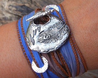 Peacock Feather Jewelry, Peacock Jewelry, Peacock Feather Bracelet, Peacock Silk Wrap Bracelet, STERLING Silver Peacock Feather Jewelry