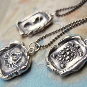 May include: Three silver pendants on chains, each featuring a different design: a crab, a turtle, and a seahorse. The pendants are detailed and have a textured, antique finish.