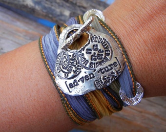 Yoga Silk Wrap Bracelet, Yoga Jewelry, Yoga Clothing, Yoga Clothes, Silver Silk Wrap Bracelet by HappyGoLicky Jewelry