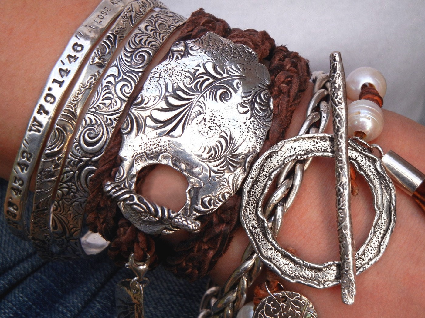 Silver Nugget Layering Bracelet for Women Leather Bohemian Boho Chic Hippie Jewelry Unique 