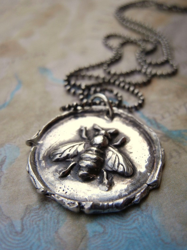 Honey Bee Jewelry, Honey Bee Wax Seal Necklace, Silver Honey Bee Wax Seal Pendant, Honey Bee Necklace, Bee Jewelry, Bee Necklace, Silver Bee image 3