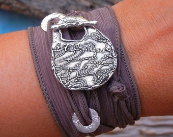 Silk Wrap Bracelet Gift, Ocean Jewelry, Nautical Jewelry, Ocean Silk Wrap Bracelet, Sterling Silver Nautical Jewelry Bracelet